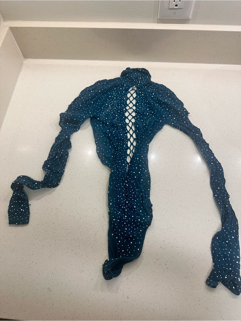 SHEIN Teal Rhinestone-Studded Long Sleeve Cutout Bodysuit